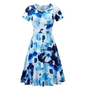 Fit & Flare Midi Dress, Abstract Watercolor Print, S, Short Sleeve, Circle Skirt